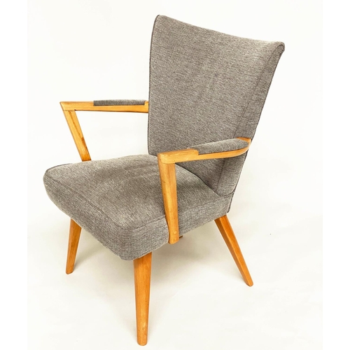 293 - ARMCHAIRS, a pair, 1970s beech framed and grey weave upholstered with angular arms and splay support... 