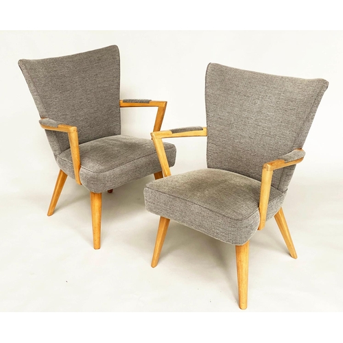 293 - ARMCHAIRS, a pair, 1970s beech framed and grey weave upholstered with angular arms and splay support... 