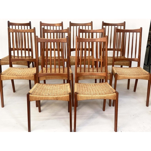 296 - ARNE HOVMAND DINING CHAIRS, a set of ten, Danish teak, with bar backs and woven cord seats, 46cm W. ... 