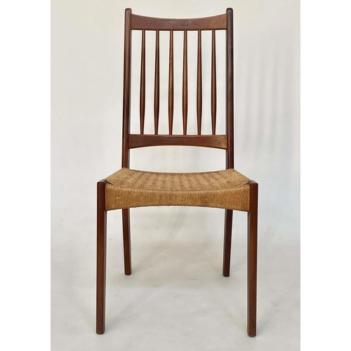 296 - ARNE HOVMAND DINING CHAIRS, a set of ten, Danish teak, with bar backs and woven cord seats, 46cm W. ... 