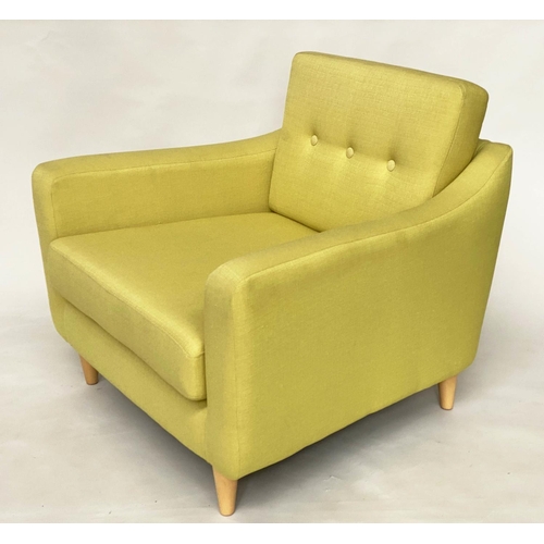 297 - ARMCHAIR, 1960's style with yellow/lime woven linen buttoned upholstery and tapering supports, 104cm... 