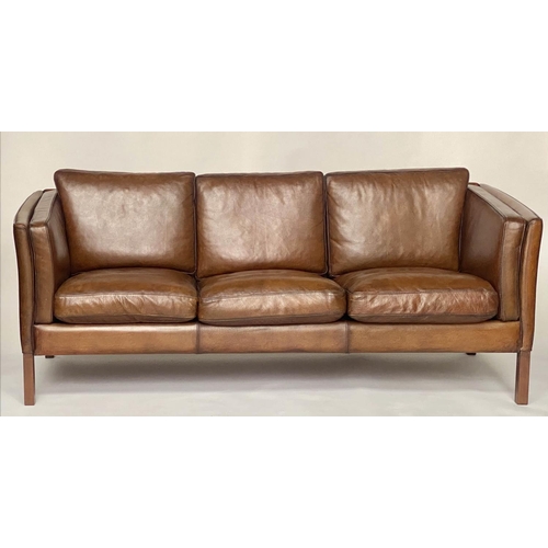 298 - STOUBY DANISH SOFA, 1970s mid brown grained tan leather, three seater with teak supports, 200cm W.