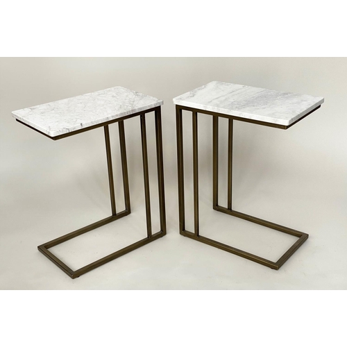 299 - SIDE TABLES, a pair, rectangular grey white variegated marble tops on shaped gilt metal supports, 32... 