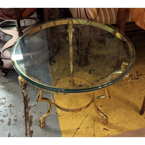 327 - MAISON JANSEN STYLE SIDE TABLE, rams head detail, gilt metal and glass, 65cm x 50cm.