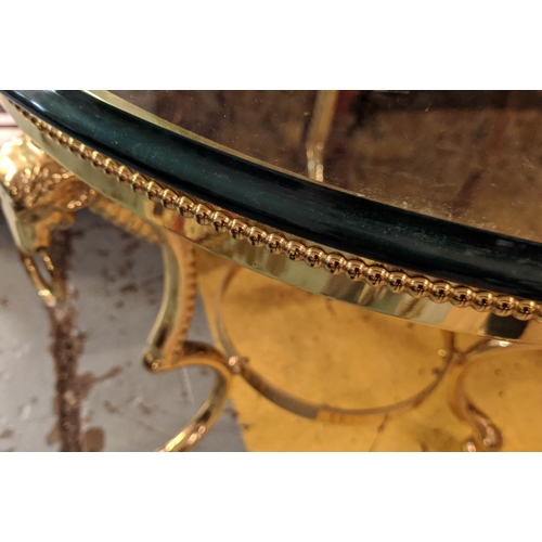 327 - MAISON JANSEN STYLE SIDE TABLE, rams head detail, gilt metal and glass, 65cm x 50cm.