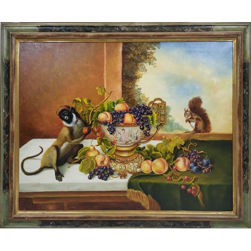 42 - JAIME MANRIQUE (b.1940, Spain) 'Still life with Fruit, Monkey and Squirrel, oil on board, 70cm x 90c... 