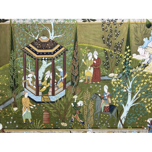 44 - PERSIAN SCHOOL 'Figures in a Royal Garden', gouache on silk, 83cm x 113cm.