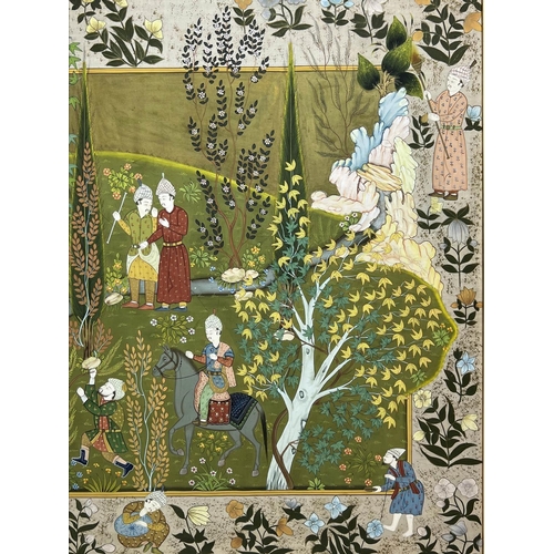 44 - PERSIAN SCHOOL 'Figures in a Royal Garden', gouache on silk, 83cm x 113cm.