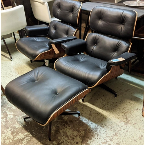 442 - AFTER CHARLES AND RAY EAMES LOUNGE CHAIR AND OTTOMAN, 54cm W. (2)