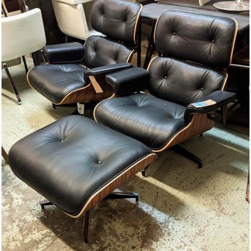 443 - AFTER CHARLES AND RAY EAMES LOUNGE CHAIR AND OTTOMAN, 84cm W. (2)