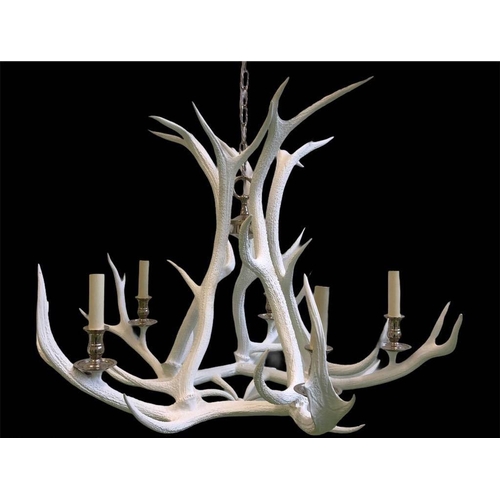 448 - ANTHONY REDMILE STYLE WHITE ANTLER CHANDELIER, 60cm H x 43cm x 90cm, with shades.