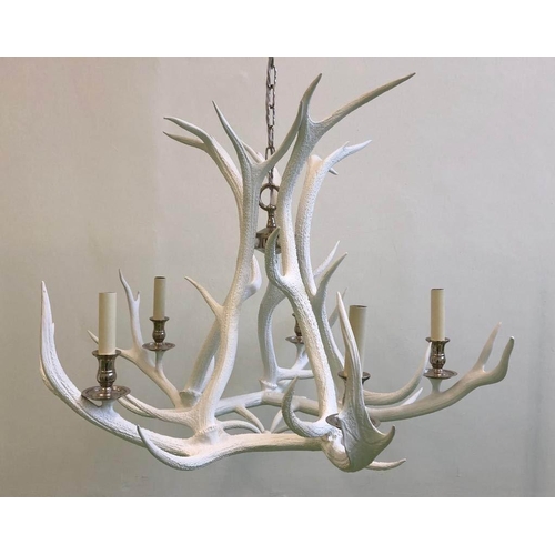 448 - ANTHONY REDMILE STYLE WHITE ANTLER CHANDELIER, 60cm H x 43cm x 90cm, with shades.