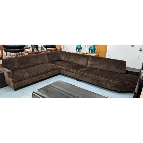 450 - CHESTER JONES CORNER SOFA, brown stripped fabric finish, 287cm x 384cm.