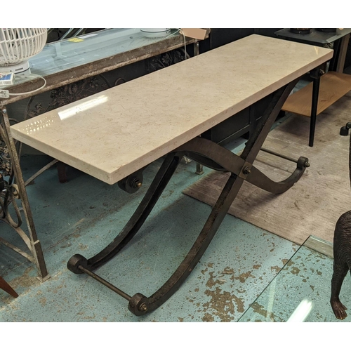 461 - CONSOLE TABLE, 160cm L x 81cm H x 50cm D with a rectangular marble top on shaped, scrolled 'X' frame... 