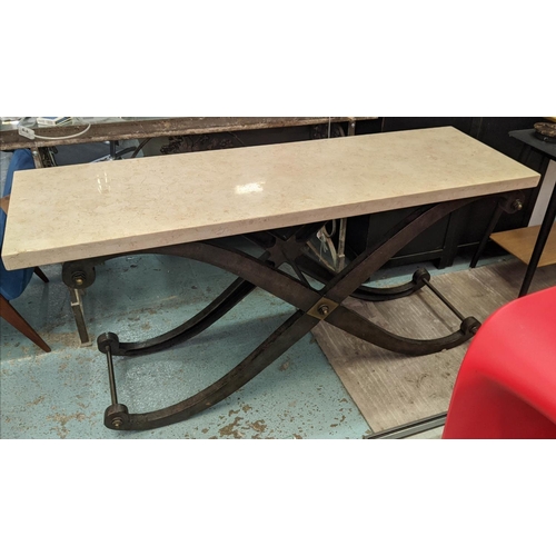 461 - CONSOLE TABLE, 160cm L x 81cm H x 50cm D with a rectangular marble top on shaped, scrolled 'X' frame... 