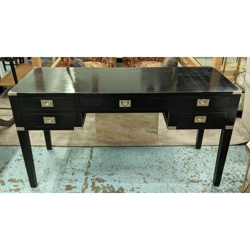 470 - DESK, 144cm x 55cm x 78cm, campaign inspired design, ebonised finish with one long draw flanked by t... 