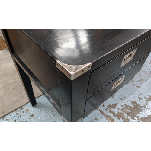 470 - DESK, 144cm x 55cm x 78cm, campaign inspired design, ebonised finish with one long draw flanked by t... 