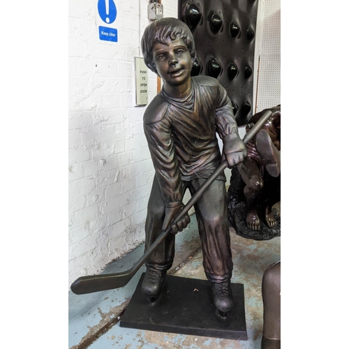 474 - BOY PLAYING ICE HOCKEY, perdu cast bronze, 125cm H.