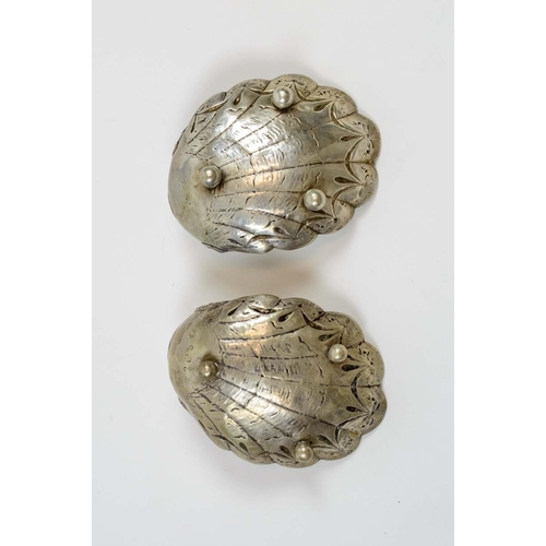 6 - SILVER SALTS, continental silver with Fleur-De-Lis mark, scallop shell form with bow swag decoration... 