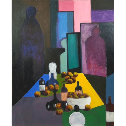 75 - ADRIAN DOLAN, 'Still Life with Figures', oil on canvas, 127cm x 101cm. (Subject to ARR - see Buyers ... 