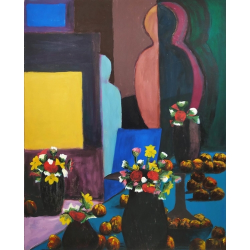 76 - ADRIAN DOLAN, 'Still Life with Figures', oil on canvas, 127cm x 101cm. (Subject to ARR - see Buyers ... 