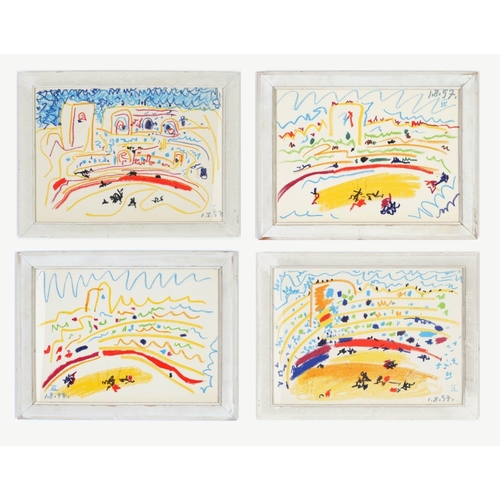 97 - AFTER PABLO PICASSO, a set of four, off set lithographs, 26.5cm x 37cm, Toros, dated in the plate, s... 