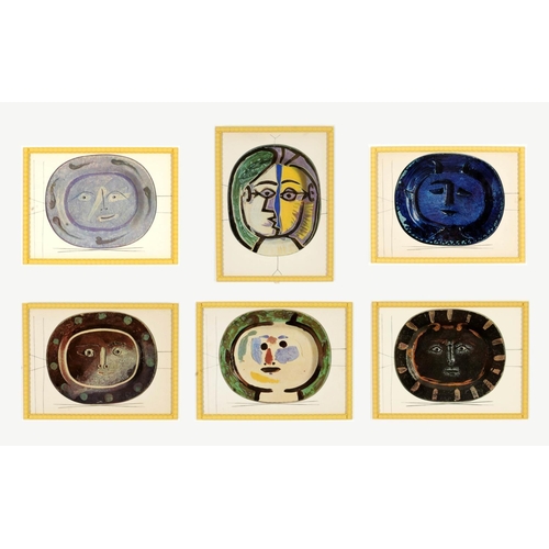 99 - AFTER PABLO PICASSO, quadrichromes, six studies of ceramic plates, hand painted yellow bobbin frames... 