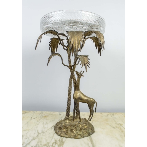1 - CENTREPIECE, Elkington and Co style, silvered metal with a giraffe under palm trees and central cut ... 