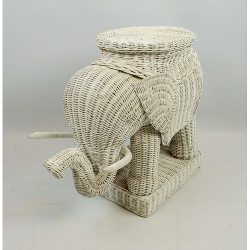 2 - ELEPHANT LAMP TABLE, mid 20th century cane woven with seat table top and plinth, white painted finis... 