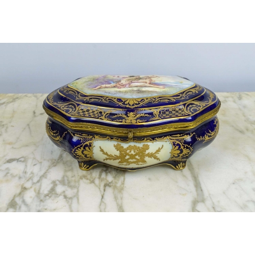 22 - SERVES STYLE PORCELAIN BOX, late 19th century, by Chateau Des Tuileries, with cobalt blue ground and... 
