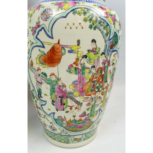 25 - CHINESE VASES, a pair, famille verte, decorated with garden court scenes, 60cm H. (2)