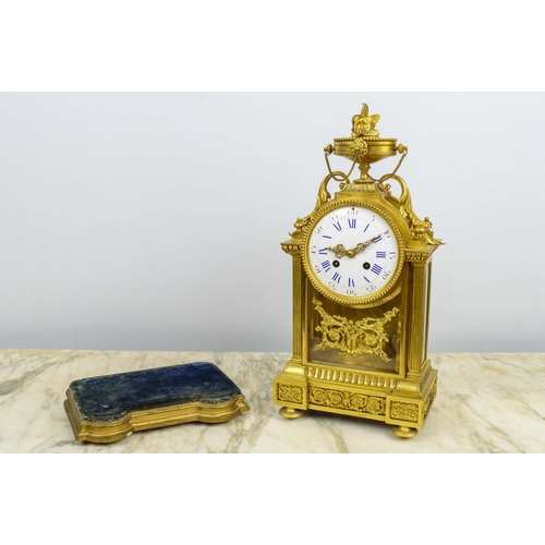 4 - FRENCH 19TH CENTURY GILT MANTLE CLOCK, on shaped fitted wooden and gilt stand, 44cm H.