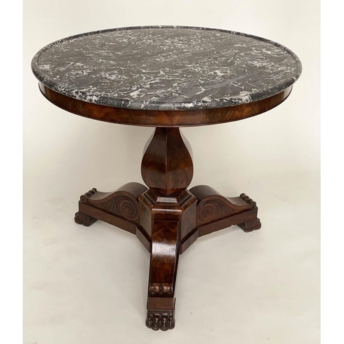 171 - GUERIDON, 19th century French Louis Philippe flame mahogany circular channeled St Annes marble top a... 