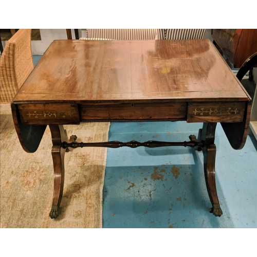 121 - SOFA TABLE, 70cm D x 92cm W, Regency rosewood, mahogany and brass inlaid with single drawer.