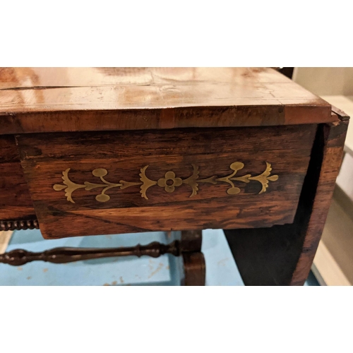 121 - SOFA TABLE, 70cm D x 92cm W, Regency rosewood, mahogany and brass inlaid with single drawer.