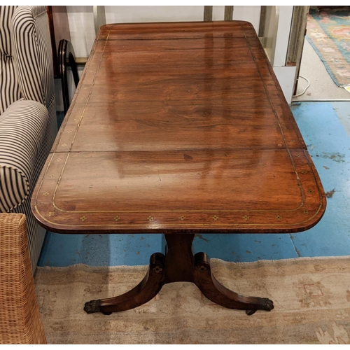 121 - SOFA TABLE, 70cm D x 92cm W, Regency rosewood, mahogany and brass inlaid with single drawer.