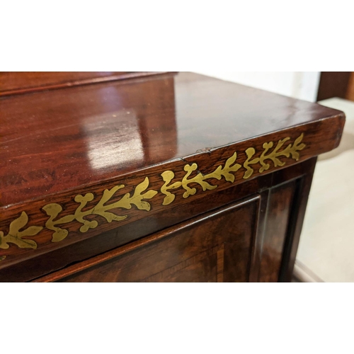 128 - SECRETAIRE BOOKCASE, 195cm H x 94cm W x 47cm D, Regency mahogany and brass inlaid with two glazed do... 