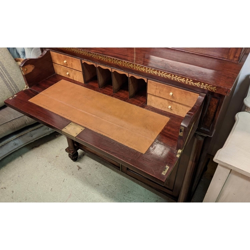 128 - SECRETAIRE BOOKCASE, 195cm H x 94cm W x 47cm D, Regency mahogany and brass inlaid with two glazed do... 