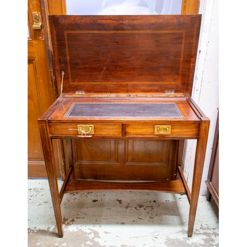 122 - WRITING TABLE, 76cm W x 70cm H x 41cm D, Edwardian rosewood with inlaid stringing and brass campaign... 