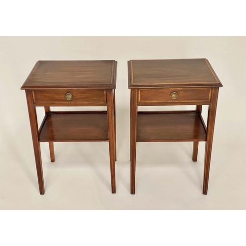 94 - LAMP TABLES, a pair, George III style mahogany and satinwood crossbanded each with frieze drawer and... 