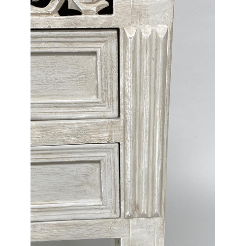 112 - BEDSIDE CHESTS/TABLES, a pair, French style traditionally grey painted each with pierced frieze and ... 