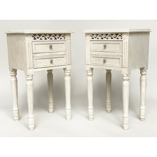 112 - BEDSIDE CHESTS/TABLES, a pair, French style traditionally grey painted each with pierced frieze and ... 