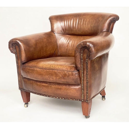 115 - PROFESSOR STYLE TUB ARMCHAIR, buttoned aged brass studded tan leather with rounded back and arms, 80... 