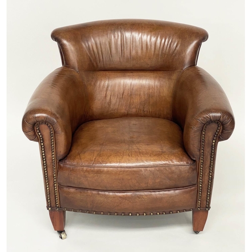 115 - PROFESSOR STYLE TUB ARMCHAIR, buttoned aged brass studded tan leather with rounded back and arms, 80... 