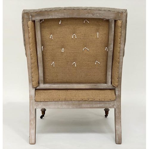 94 - ARMCHAIR, English Country House style buttoned linen upholstered and limewashed frame with hessian o... 