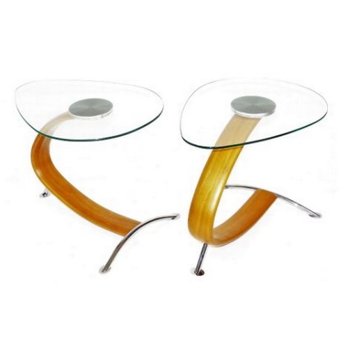 469 - DRINKS TABLES, a pair, Art Deco style bentwood and glass with chrome supports, 50cm H x 56cm W x 57c... 