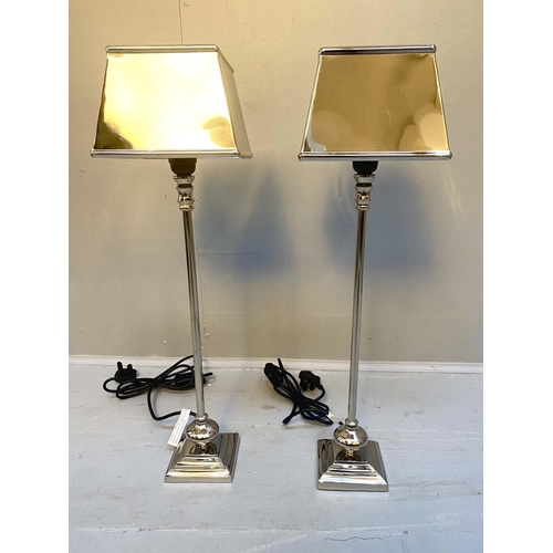 466 - LIBRARY LAMPS, a pair, each measuring 64cm high, 18cm wide, polished metal finish, square form. (2)