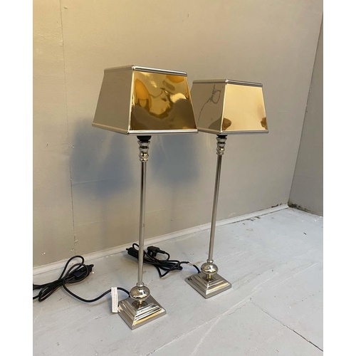 466 - LIBRARY LAMPS, a pair, each measuring 64cm high, 18cm wide, polished metal finish, square form. (2)