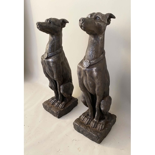 464 - SCULPTURAL HOUNDS, pair, 78cm high, 23cm wide, 26cm deep, bronzed finish resin. (2)