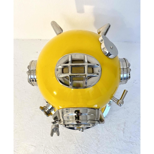 458 - DISPLAY DIVING HELMET, decorative reproduction US Navy design, lacquered yellow finish, 46cm x 46cm ... 